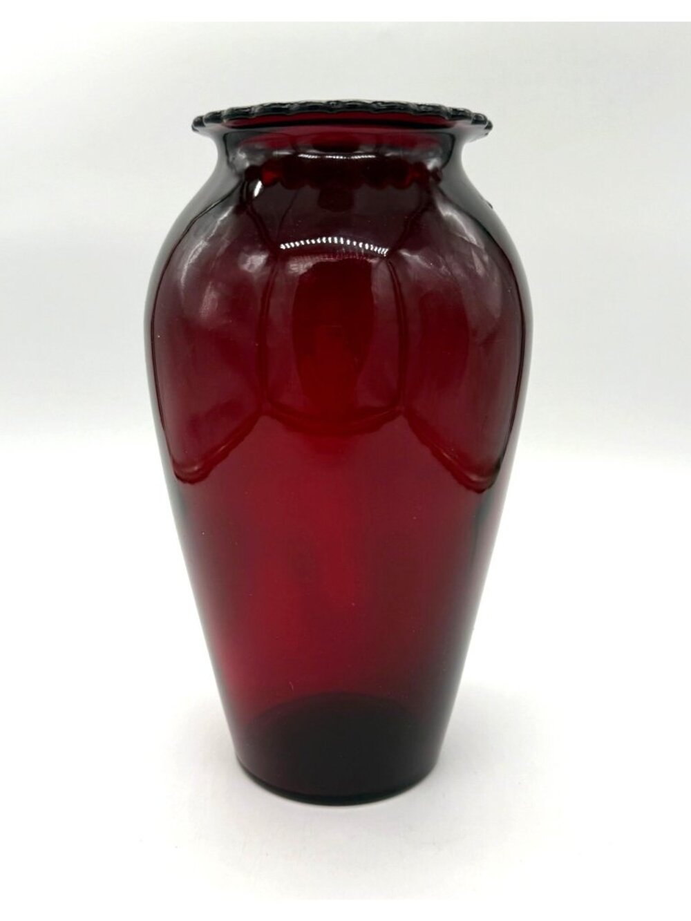 Anchor Hocking Glass Royal Ruby Red Scalloped Top Edge Vase 9" Tall Vintage